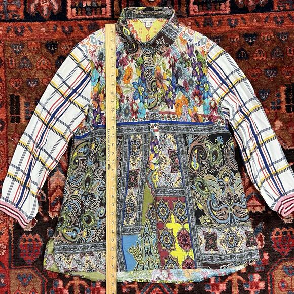 JOHN MARK Size Small Blouse Tunic Top Colorful Hummingbird Birds Floral Button - Picture 3 of 8